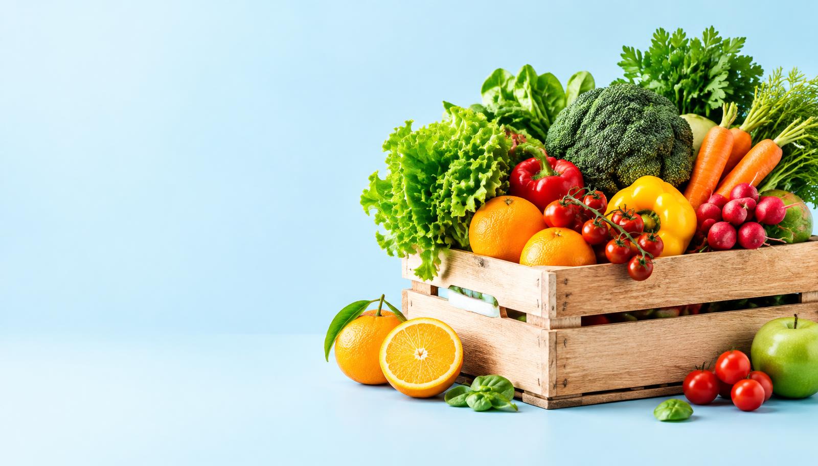 Crate of fresh vegetables and fruit